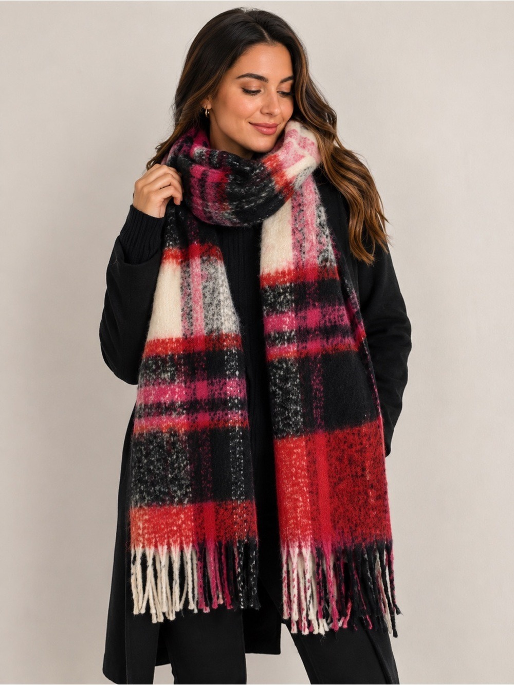 Indigo Black ivory red and pink plaid check blanket scarf